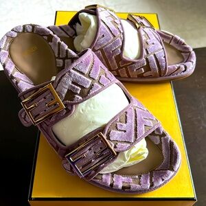 Fendi Feel FF Jacquard Purple Slides with Gold Buckles
